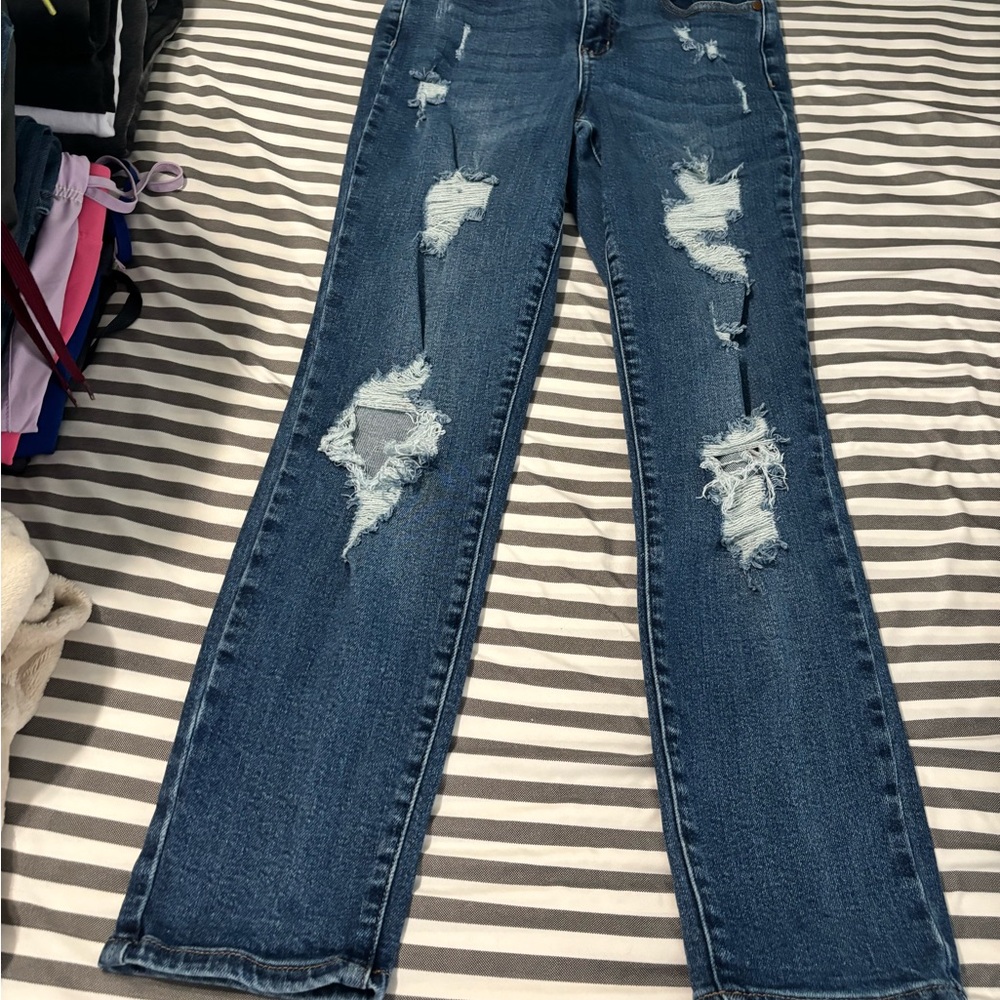 Judy Blue Distressed Straight Leg Jeans - Blue